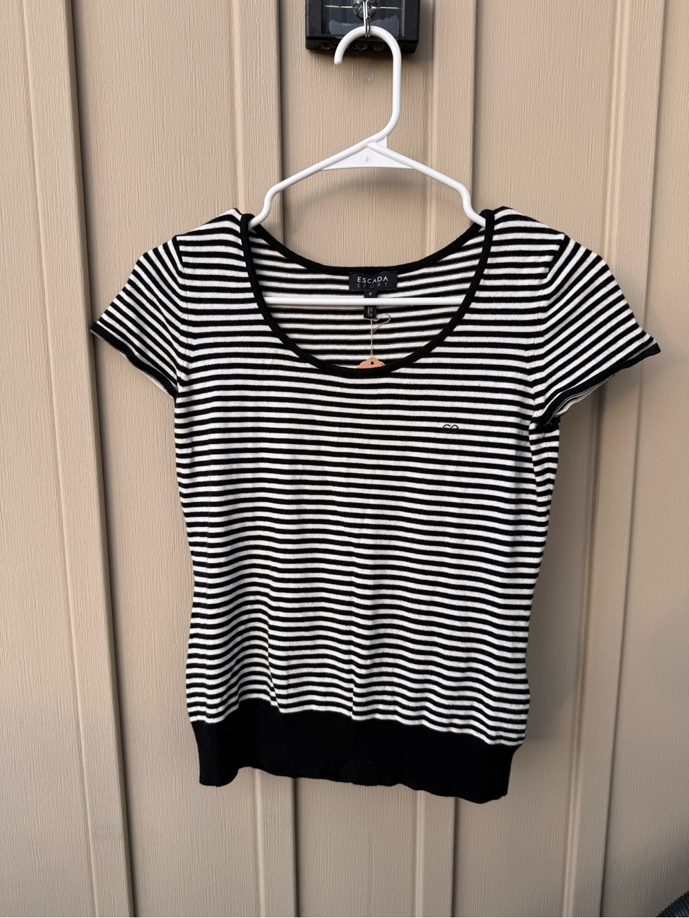 Escada Sport Y2K Black & White Striped Short Sleeve Scoop Neck Top